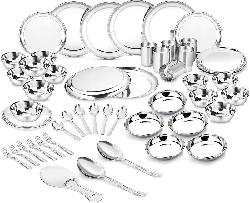 Classic Essentials Pack of 64 Stainless Steel DinnerSet|Heavy Gauge & High Quality|KitchenSet for Home|Stainless Steel Dinner Set(Silver)