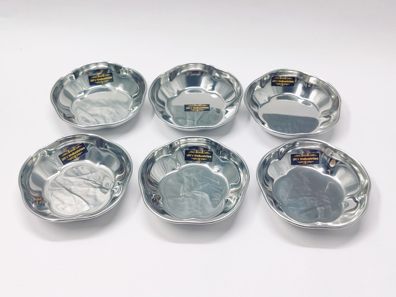 Dev Industries Pack of 6 Stainless Steel Stainless Steel Mirror Finish Flower Shape Halwa Plate 12cm- 120ml Each Dinner Set(Silver)