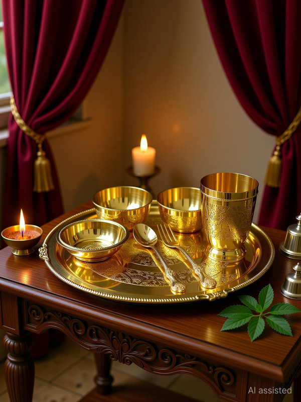 A & H ENTERPRISES Pack of 7 Brass Floral Design Pital Thali Set , Dinner Set for Dinnerware Serveware Dinner Set(Gold)
