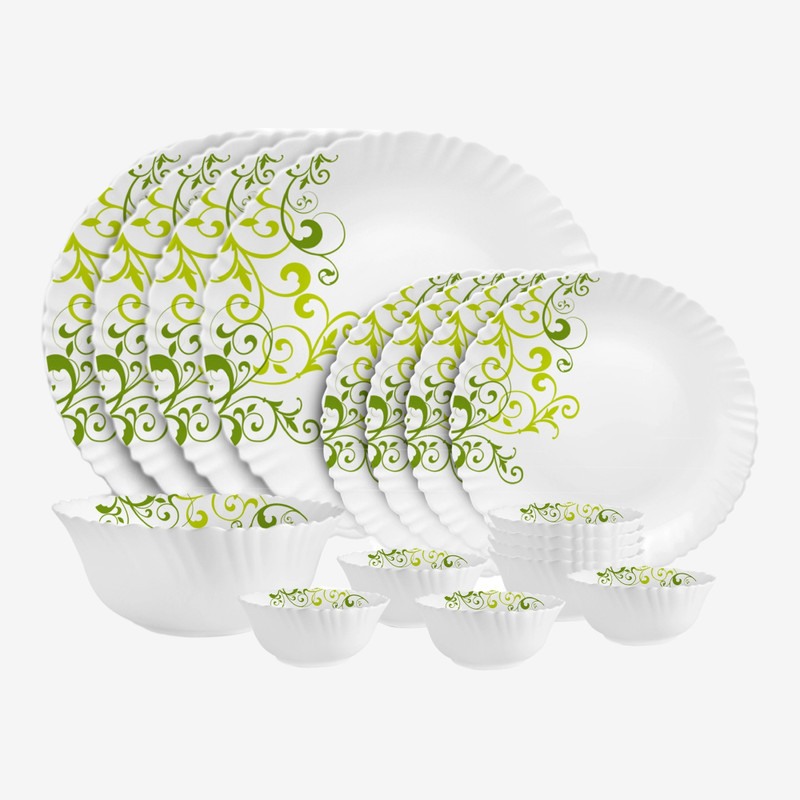 cello Pack of 17 Opalware Dazzle Opalware Oleander Dinner Set | Crockery Set | Green Dinner Set(Green, Microwave Safe)