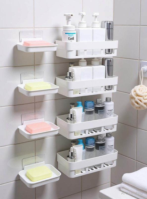 Attilio Bathroom Kitchen Shelf Soap Box Stand -Bathroom Shelves 4Pcs+ Soap Stand 4Pcs(White, Grey)