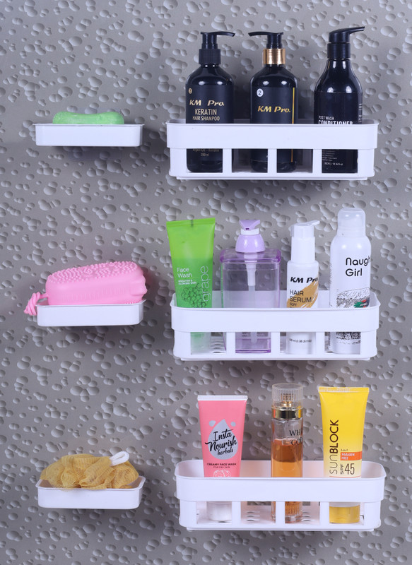 Sokmak 6PC Bathroom Storage Shelves Soap Stand Plastic Holder with Magic Sticker Shelf(White)