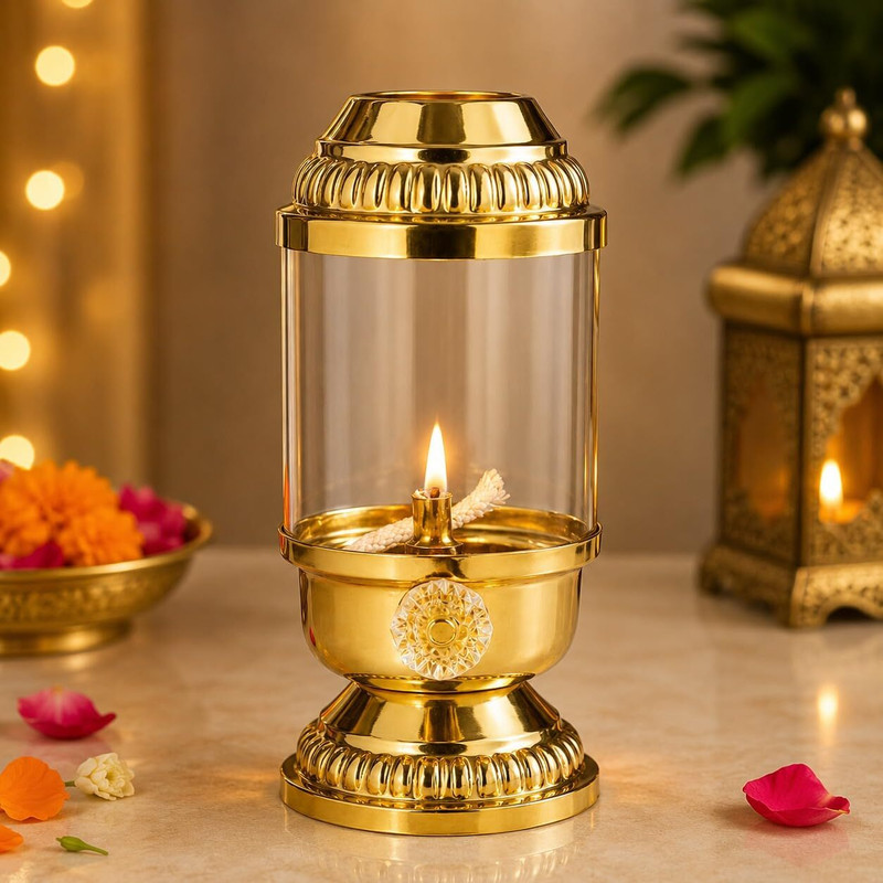 SANVI HANDICRAFT Akhand Jyot Diya with Adjustable Bati, Long Burning Oil Lamp with Glass Cover Brass, Glass Table Diya(Height: 6.5 inch)