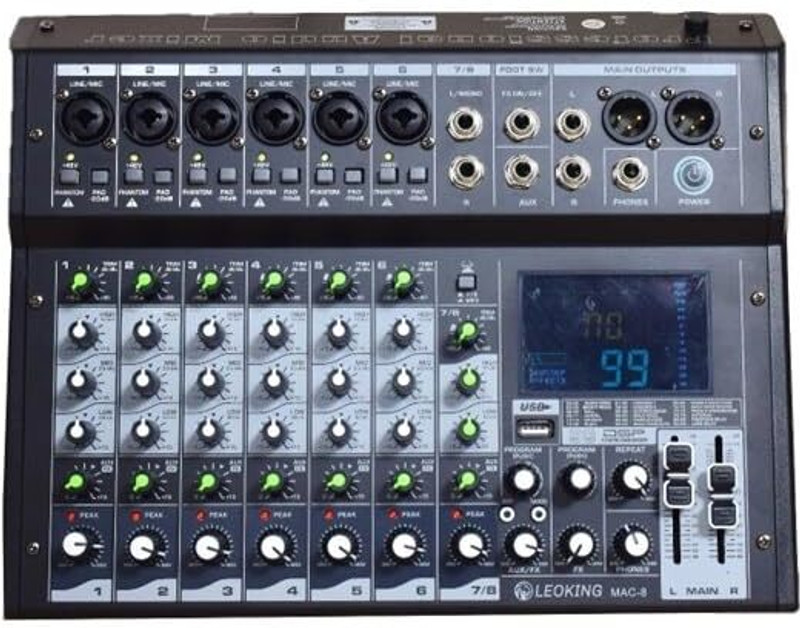 Adiohub 8 Channel Audio Mixer (6 Mic + 2 Stereo Input) Sound Board Mixing Console 99 DSP Wired DJ Controller