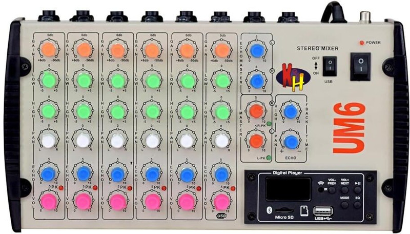 KH 6-Channel Stereo Echo DJ Sound Mixer with USB and Bluetooth for Parties, Stage Wired DJ Controller
