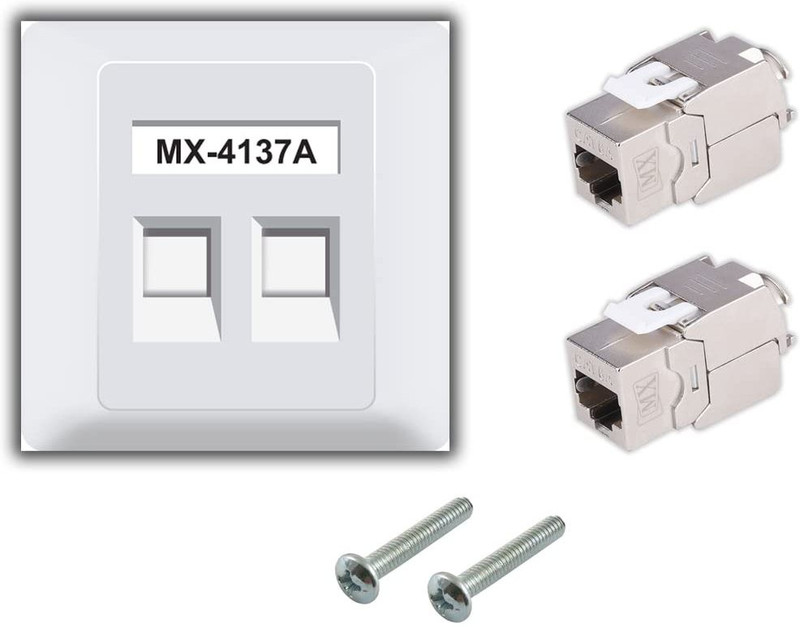 MX 2 Port Face Plate with Shutter / STP CAT6A Keystone Jack 180°-Shielded(4137A) Dock(White)