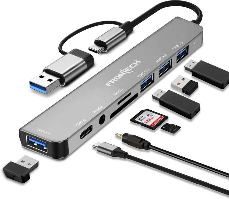 Frontech 8 in 1 Multiport HUB Dock, USB 3.0, 3X USB 2.0,microSD/SD Card Reader NC_0058 Multi-Port Expansion Hub(Grey)