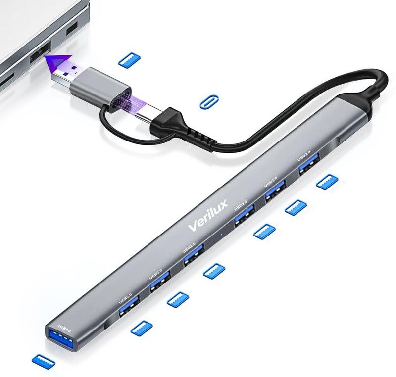 Verilux USB Hub 7 in 1 High Speed USB 3.0 Hub Multiport Support Charging & Data Transfer USB Hub 7 in 1 High Speed USB 3.0 Multiport Extension Docking Station(4 In 1-Usb C Hub)