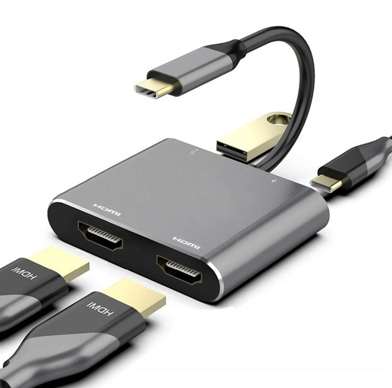 atdaraz 4 in 1 Dual HDMI Adapter /PD Charging,Dual Screen DisplayUSB-C Docking Station for Windows, MakOS USB C to Dual HDMI Adapter, 4 in 1 USB Type C Hub with 2 HDMI/USB3.0(Grey)