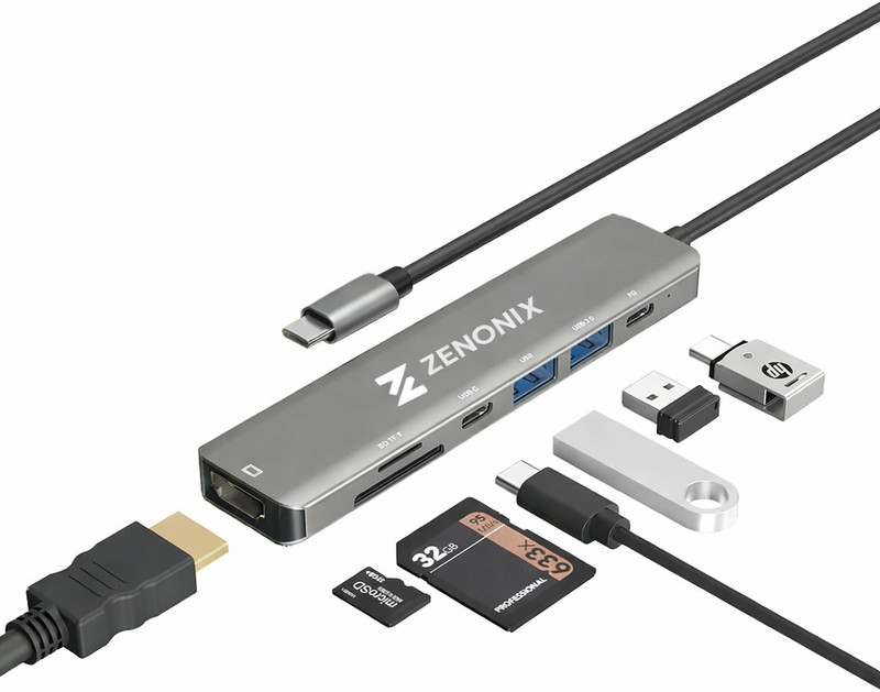 ZENONIX Zen-7-in-1 TypeC Docking Station with 4K HDMI,1xUSB 3.0, 1xUSB 2.0 & 2xTypeC 3.0 PD 100W Charging Port, SD & Micro SD Slot,for All Type C Devices Docking Station(Multicolor)