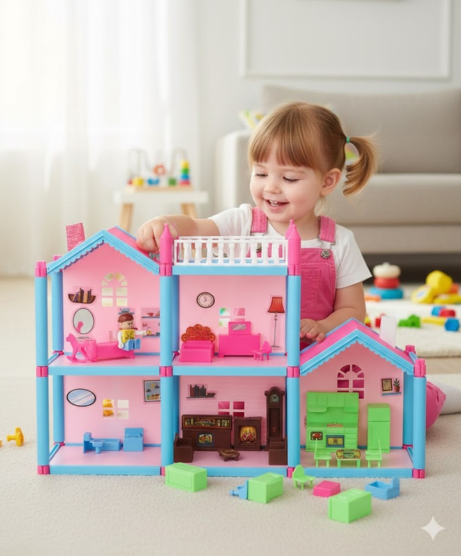 Mamma Mia Kids Multilevel doll house play set with doll(Pink)