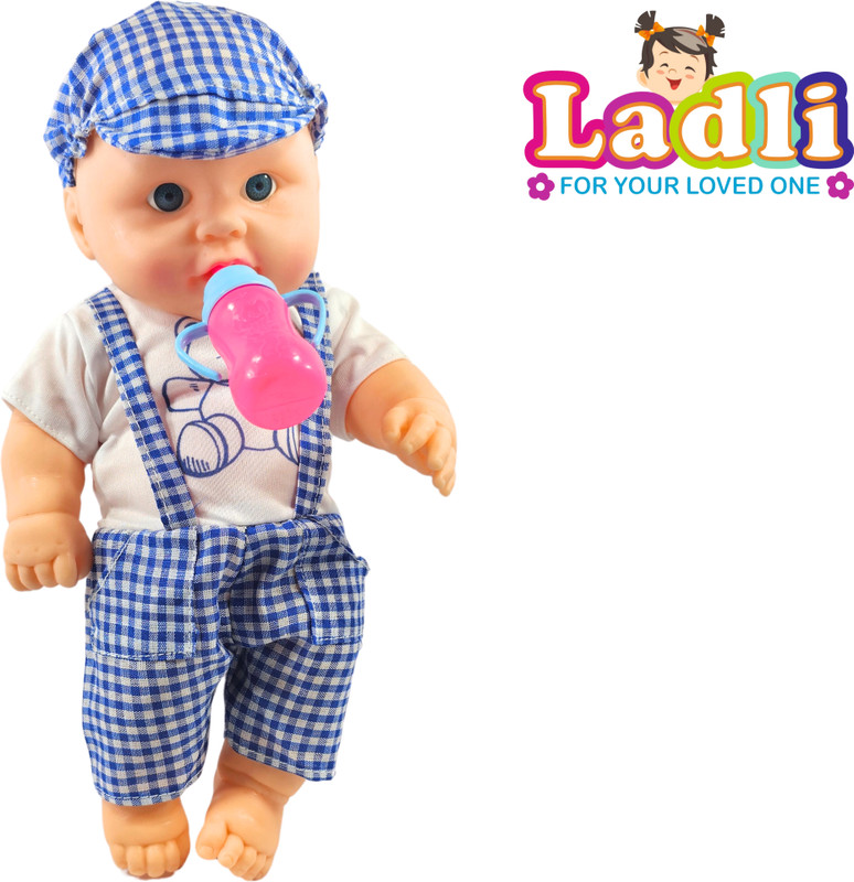 Ladli Rubber Doll for Kids Dress Golu baba with Movable Arms with Milk Bottle_F(Blue)