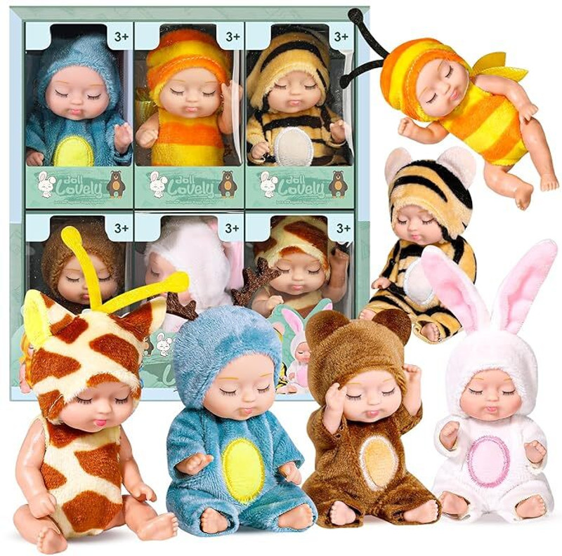 JOYHUB Set of 6 Mini Reborn Baby Dolls with Animal Clothes for Girls Kids Toddler(Multicolor)