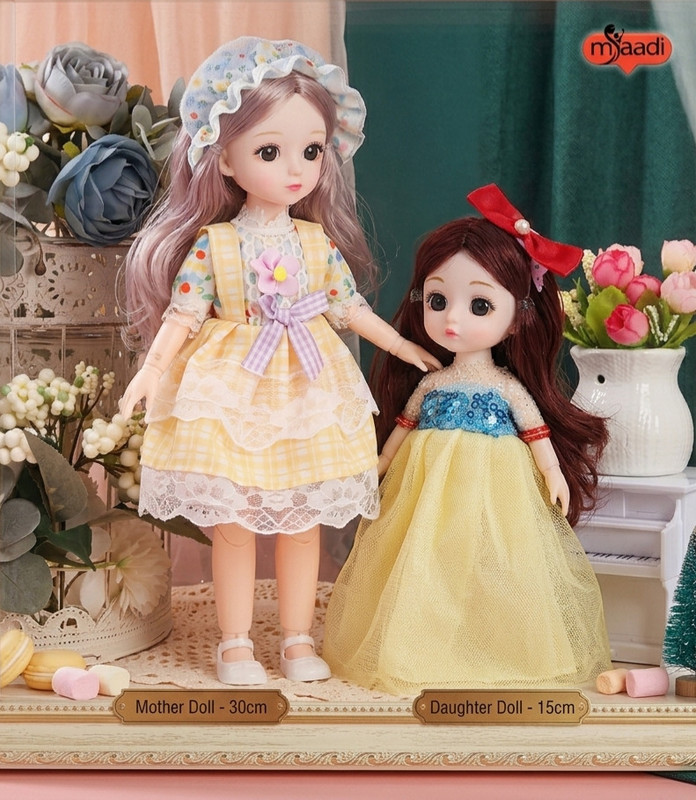 Maadi Mother Daughter Doll Set: 30cm & 15cm Fashion Dolls with Movable Joints(Grey, Maroon)