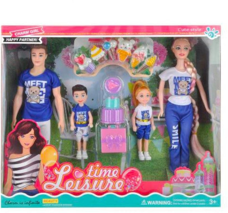 Barodian's Family Doll Set, 4 Fashion Dolls with Matching Outfits, With Cake And Ice-cream(Multicolor)