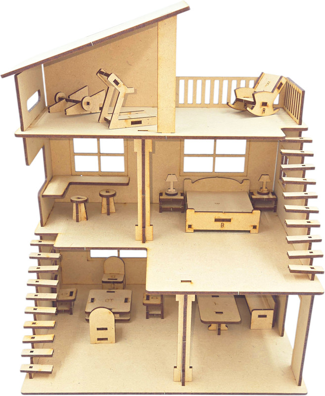 dishvy DIY Wooden Dollhouse Kit for Kids with Furniture MDF Craft Model House(Yellow)