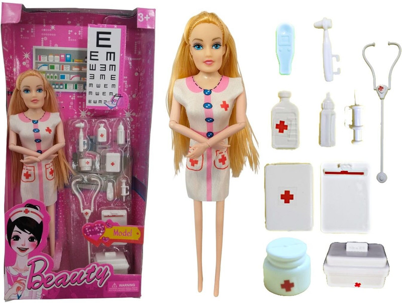 BKDT Marketing Nurse Doll for Girl with med. Kit, bandage, Stethoscopes, thermometer - 10 pcs(Multicolor)