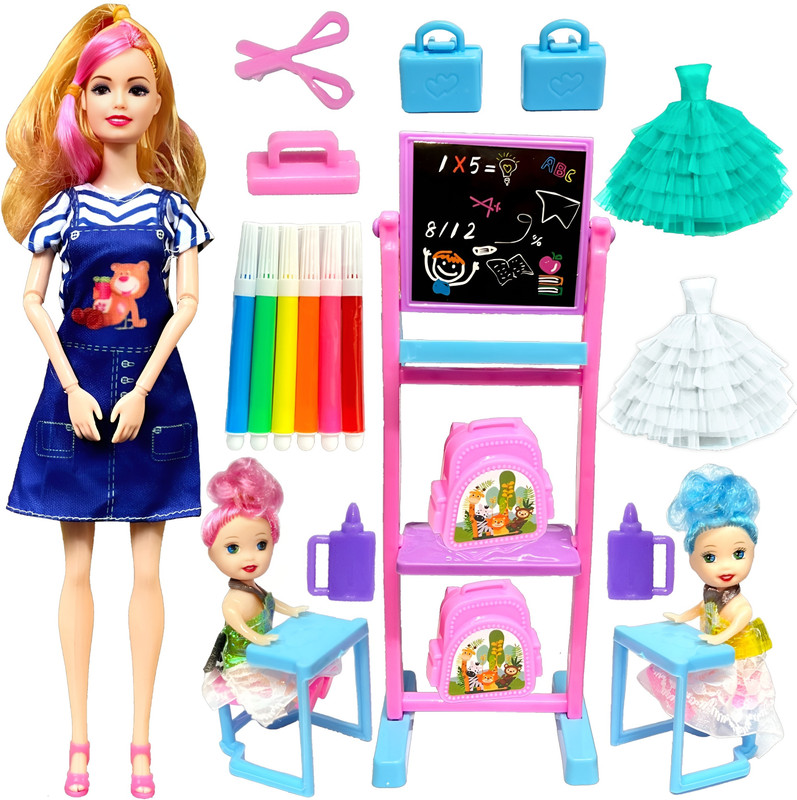 BABRO - Teacher Doll Set with 2 Baby Student & Accessories, 2 Doll Frock Pink - Purple(Multicolor)