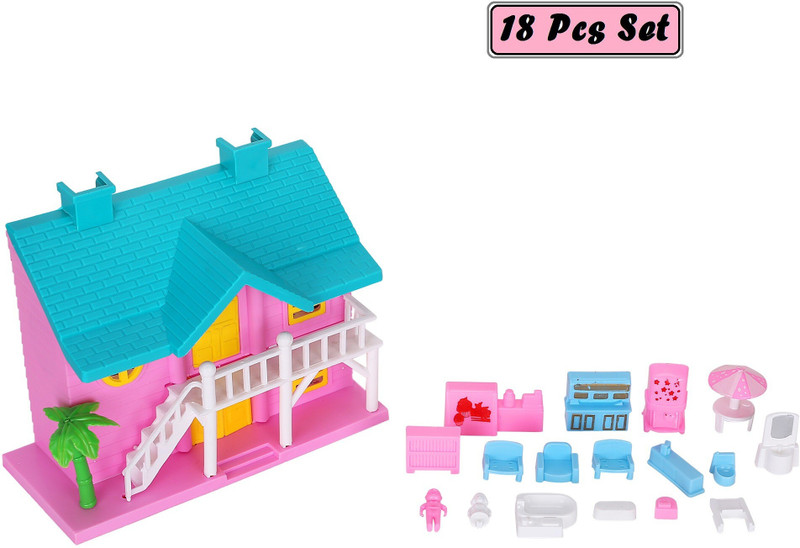 Archana Novelty Small Doll House Set for Girls Kids, with Complete Furniture Household Set, 100% Non-Toxic BPA Free Plastic , Funny House Play Set (18 Pcs Set)(Multicolor)