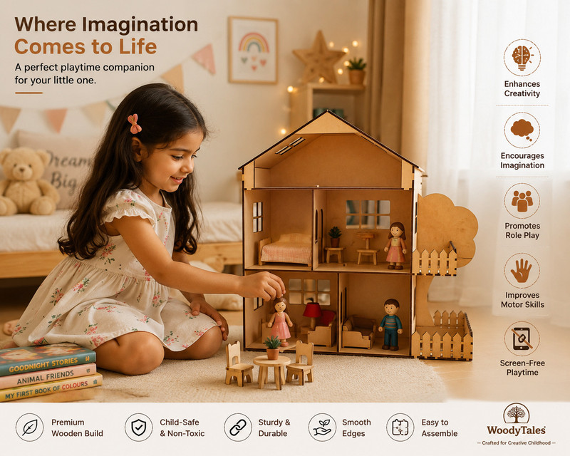 WoodyTales DIY Wooden Doll House with Balcony and Fence for Kids(Brown)