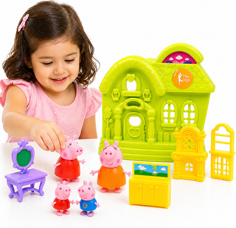 Prikuna Peppa Pig Family Doll House Toy Set with Accessories(Multicolor)