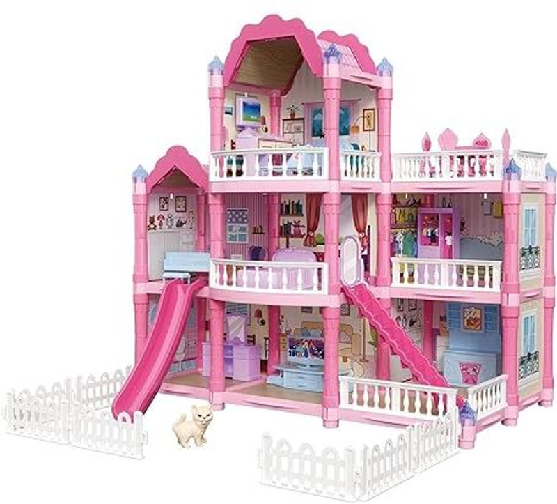 Toyrama Big Style Pink Doll House Villa for Girls | Luxury 3-Storey Princess Dollhouse(Multicolor)