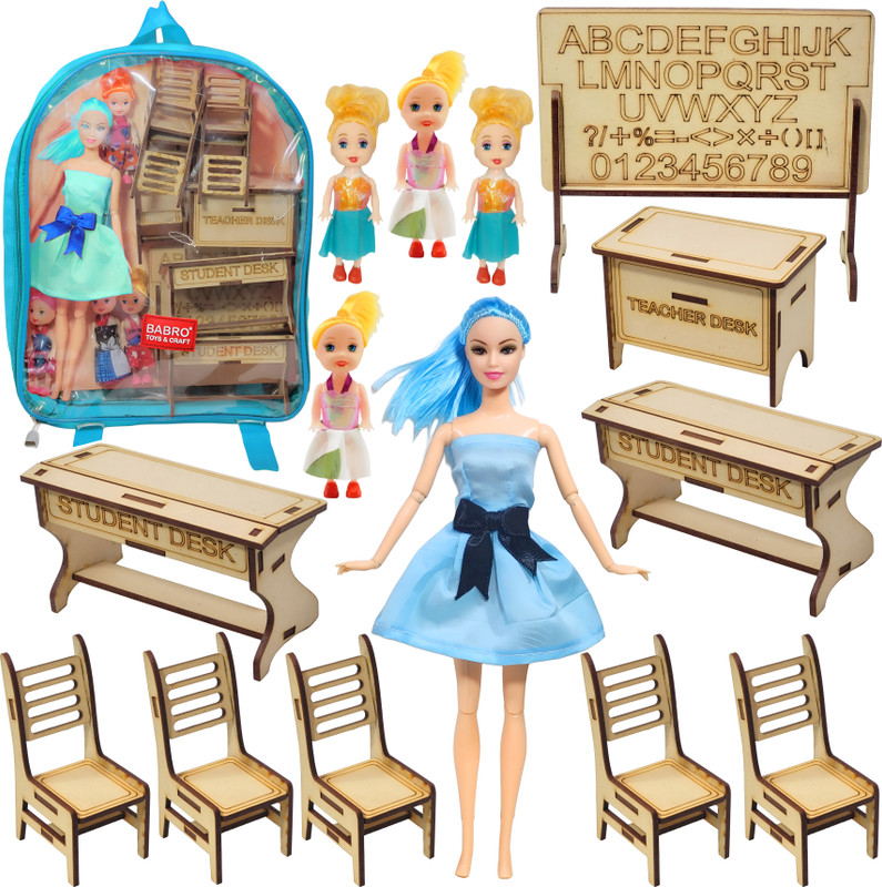 BABRO Teacher Doll School Playset with Red Backpack & Wooden Classroom Furniture(Multicolor)