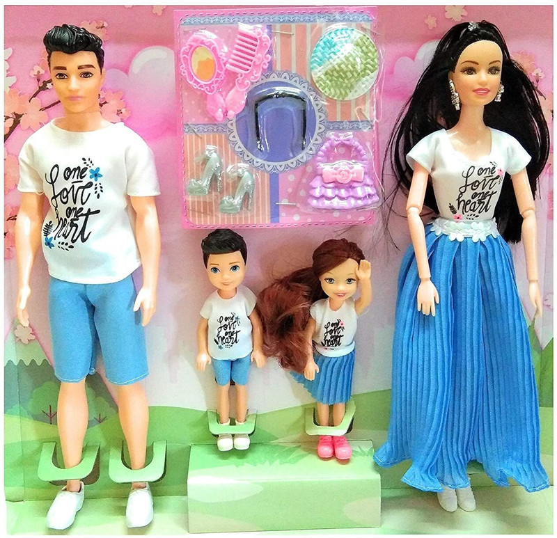 Joy Stories Little Family Doll Play Set for Girls/ Doll House People Set of 4 Action Figure Dolls (Mother, Father, Daughter and Son)(Blue, White)