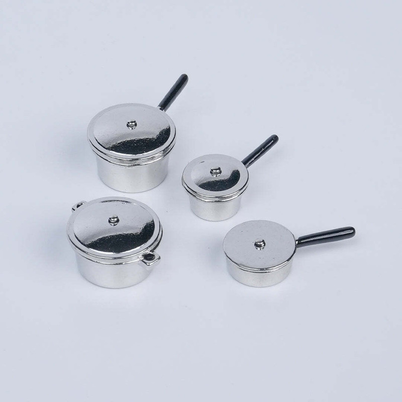 MINIATURES SHOP Miniature Cooking Pot Set (4 Pieces) Dollhouse Kitchen Accessories(Silver)