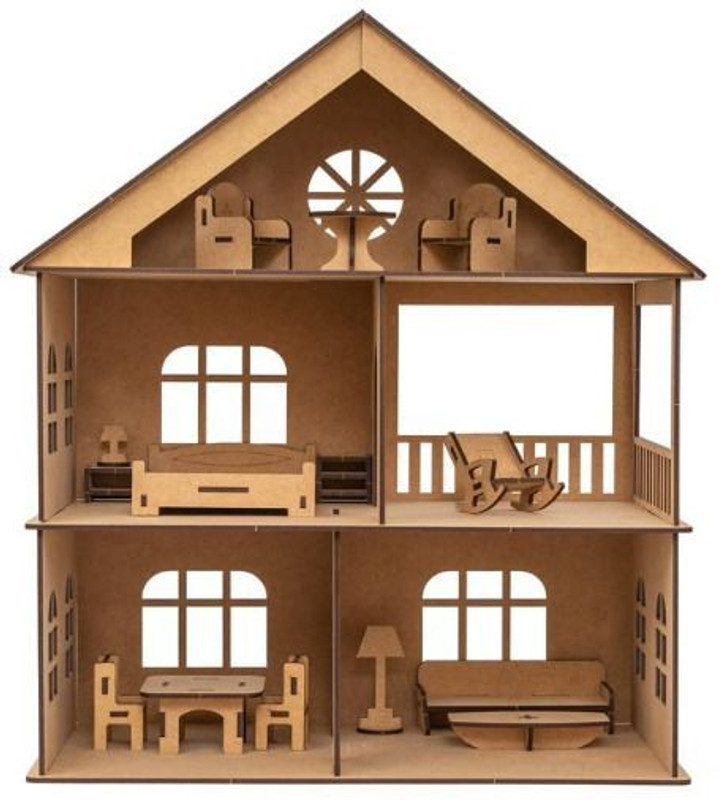 WoodyTales Wooden Doll House Toy with Furniture Educational Pretend Play Set for Kids(Brown)