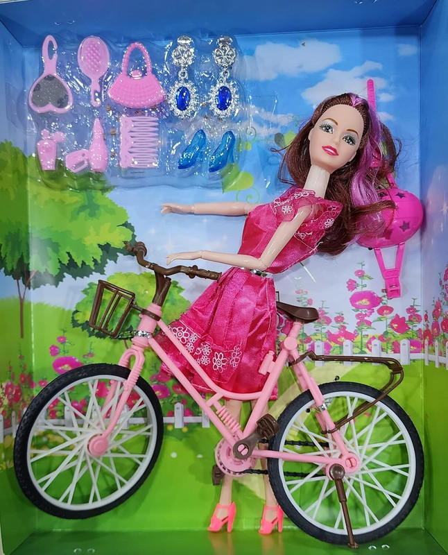 Just craft Doll with 3D Eyes & Made to Move Hands Town Girl with Cycle and Baby Sister(Multicolor)