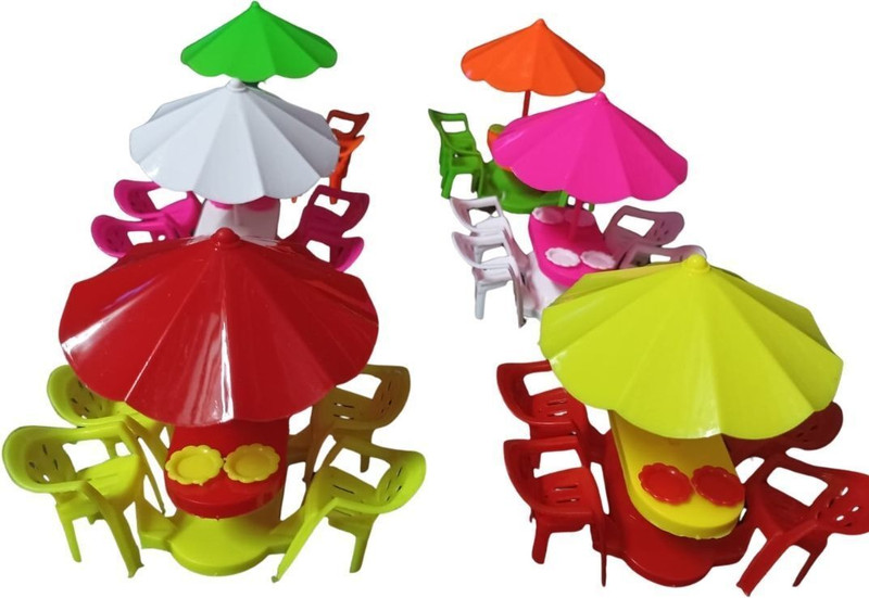 MOOHFAT Mini Patio Table Chair Set for Kids | Dollhouse Furniture Set with Umbrella 2pcs(Multicolor)