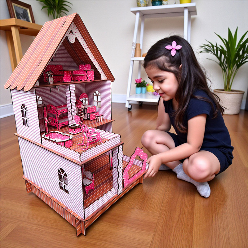 Wishoz Wooden Dollhouse, LED Light & Functional Furnitures, DIY, Gifting,(Multicolor)