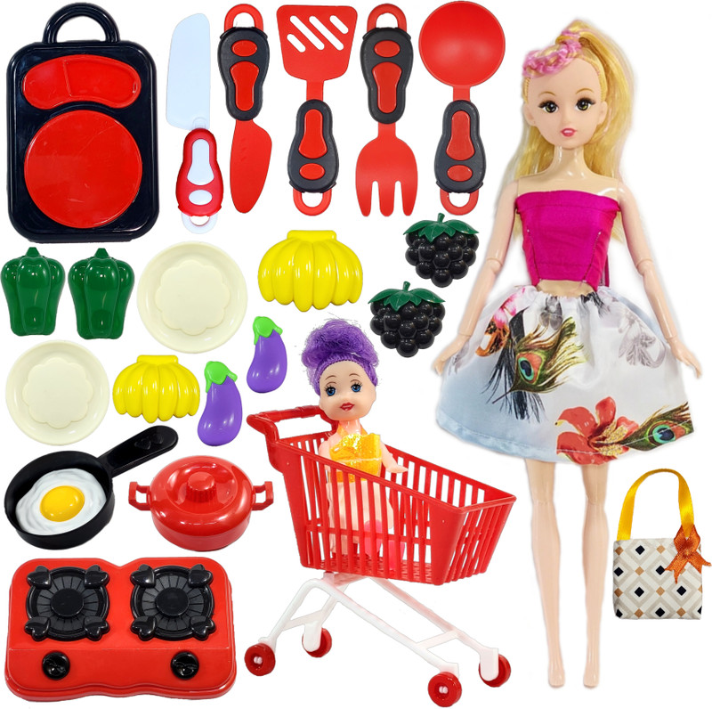 mini gifts Doll Set for Girls, Doll Set with Trolly & Doll and Doll Kitchen Accessories(Multicolor)