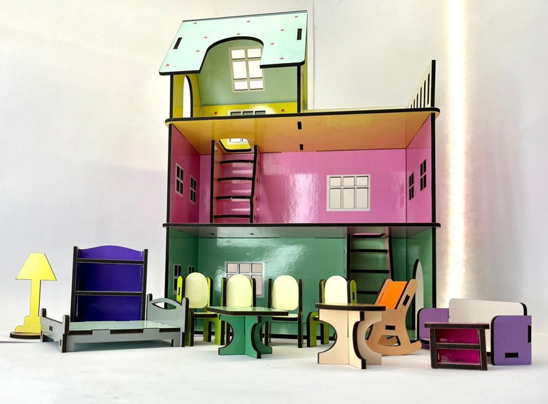 WoodyTales Wooden Doll House Coloured Mini Furniture Set for Kids(Multicolor)