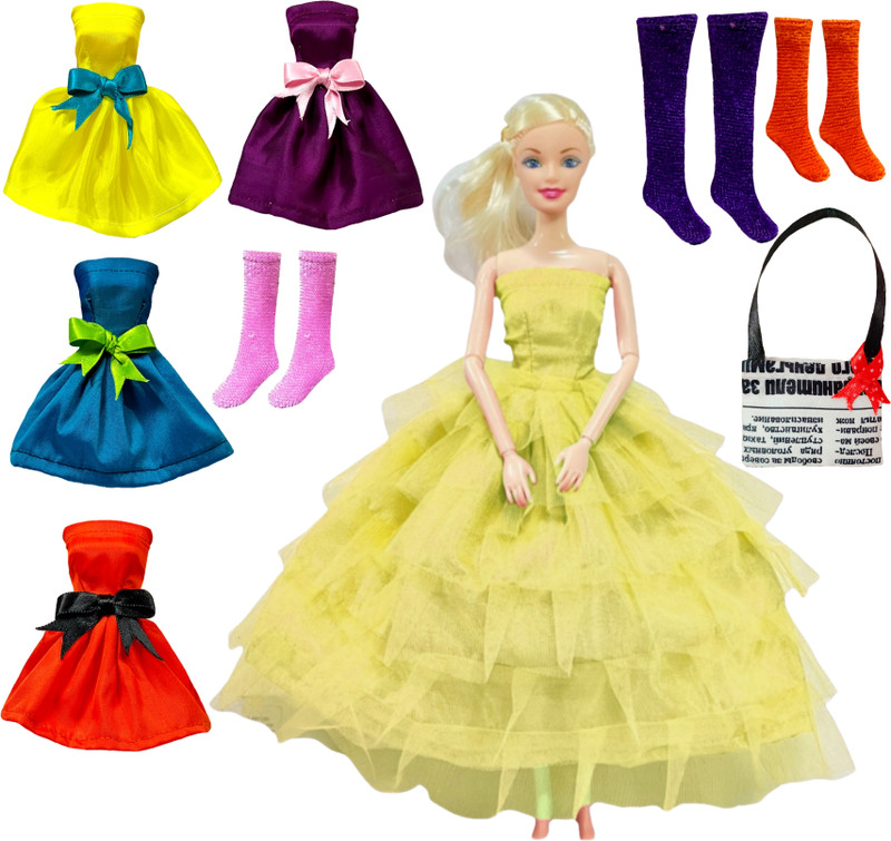 BABRO Full Foldable Doll with White Frock, 4 Doll Dresses, 3 Pair Doll Socks and 1 Bag(White)