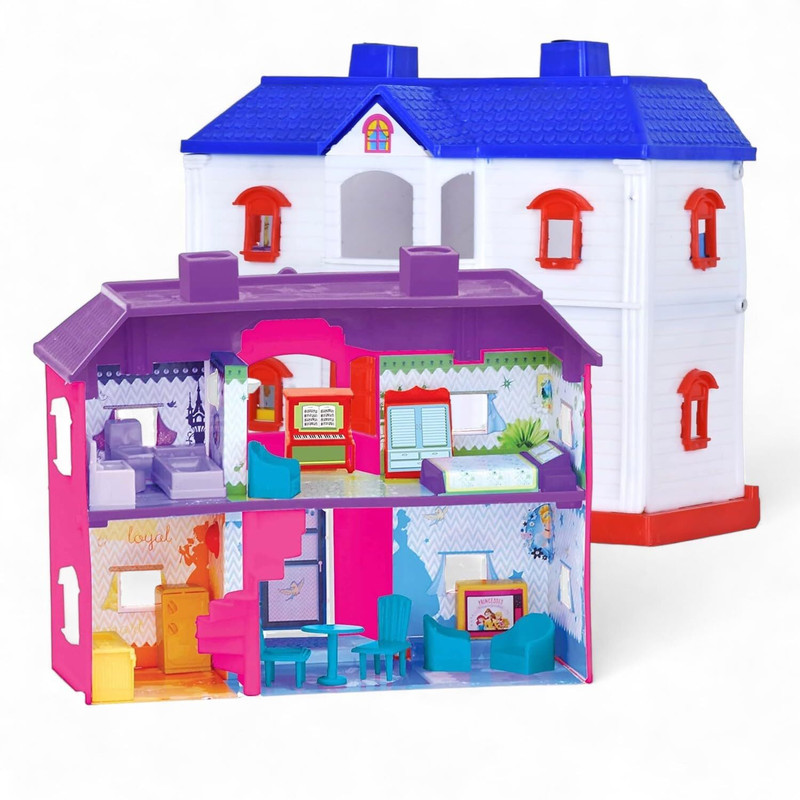 KidsCorner 34 pcs Doll House with Living Room Set, Bed, Bathroom, Dining Room, Furniture(Multicolor)