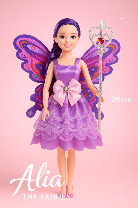 BIZDOM RoseTwinkle Magic Fairy Doll – 29 cm Princess with Heart Staff & Lace Dress(Purple)