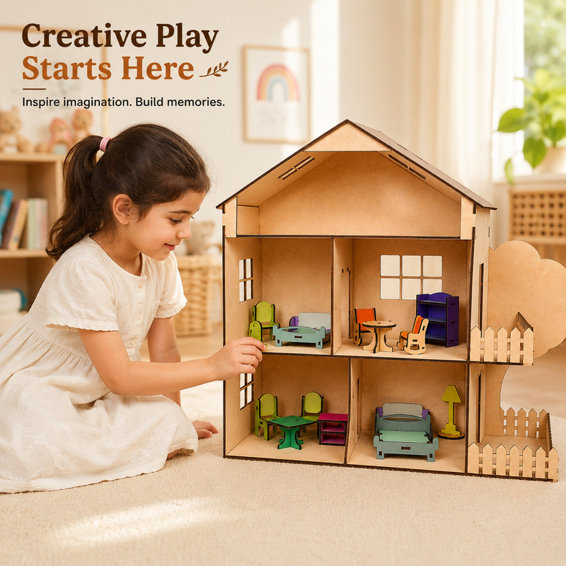 WoodyTales Miniature Pretend Play |Wooden Doll House with Colourful Furniture(Multicolor)