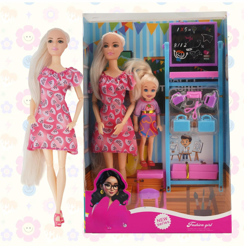 TOYTOT Pink Fashion Teacher Doll with Mini Student Doll & Classroom Play Accessories(Multicolor)