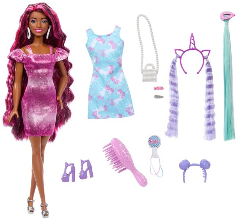BARBIE Fun & Fancy Hair Doll with Extra-Long Colorful Black Hair & Styling Accessories(Multicolor)