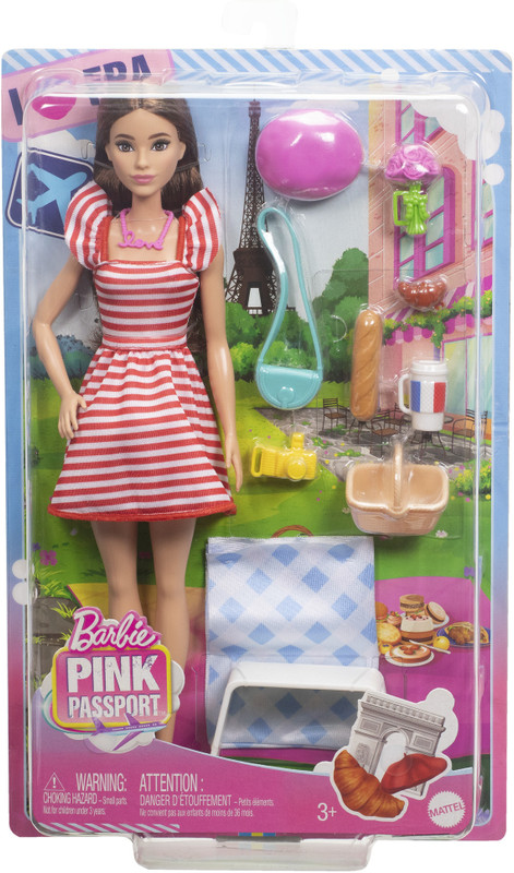 BARBIE Pink Passport Paris Doll Set with Clothes & Picnic Accessories(Multicolor)