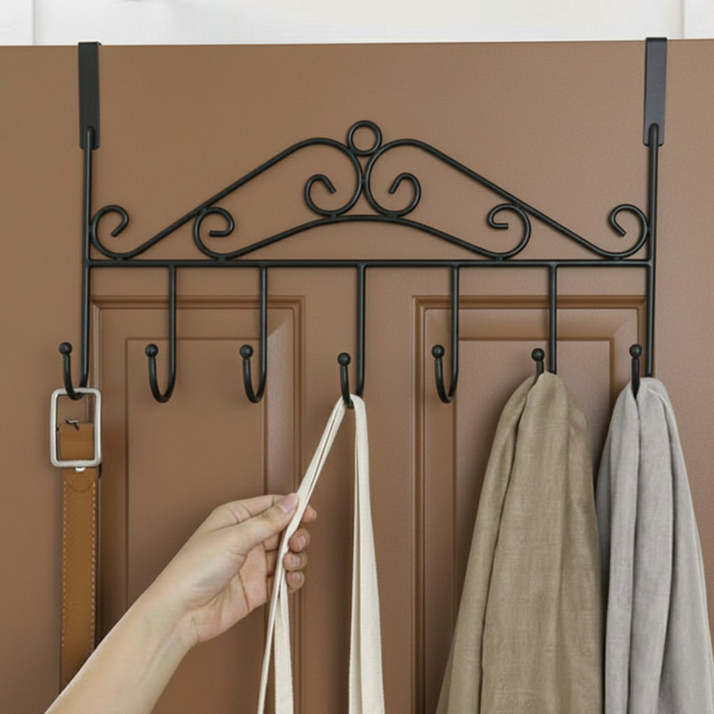 VELORA Over Door Hook Hanger 7 Hooks Steel Organizer Rack for Clothes Black Door Hanger