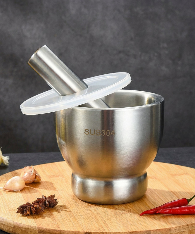 KAUNOPILIS Cold Stainless Steel Mortar Pestle Set with Lid Imam dasta Spice Mixer Silver Masher Manual Dough Press(304 Stainless Steel Masher, Household Grinding and pounding Masher)