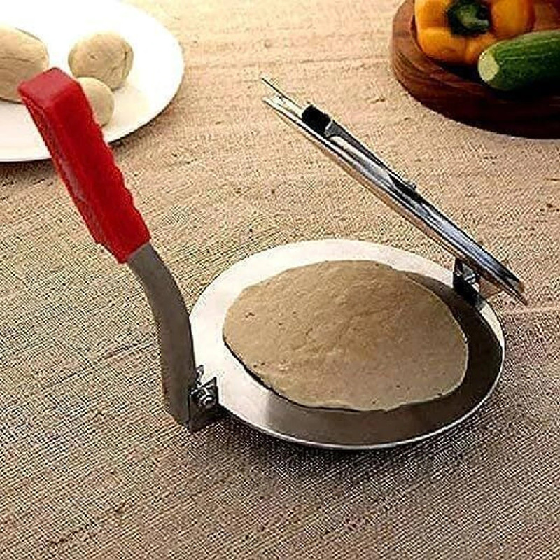 TiktTok Cold Stainless Steel Puri Maker/Manual Chapati Press with Easy Grip Handle-Silver Manual Dough Press(101_Puri_Presser_red_handal)