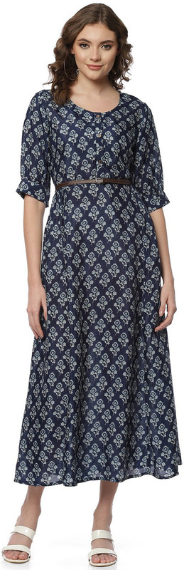 RANGRITI Women Fit and Flare Dark Blue Midi/Calf Length Dress