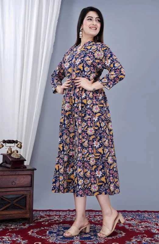 Afashion Women Fit and Flare Dark Blue Above Knee/Mid Thigh Length Dress