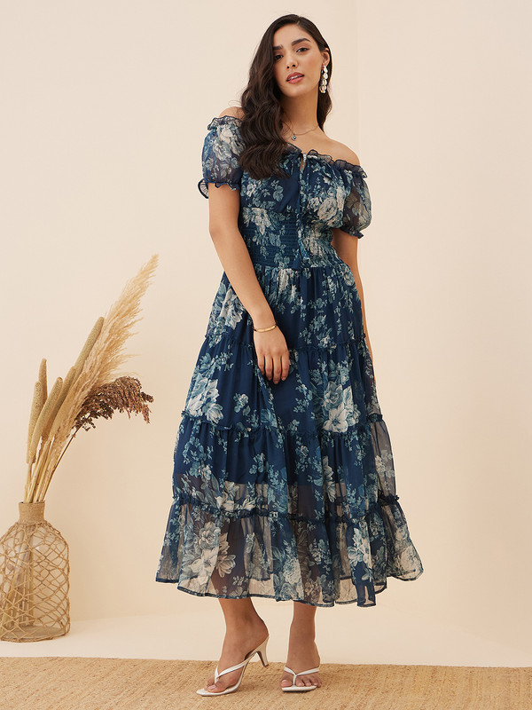 RARE Women Fit and Flare Blue Maxi/Full Length Dress