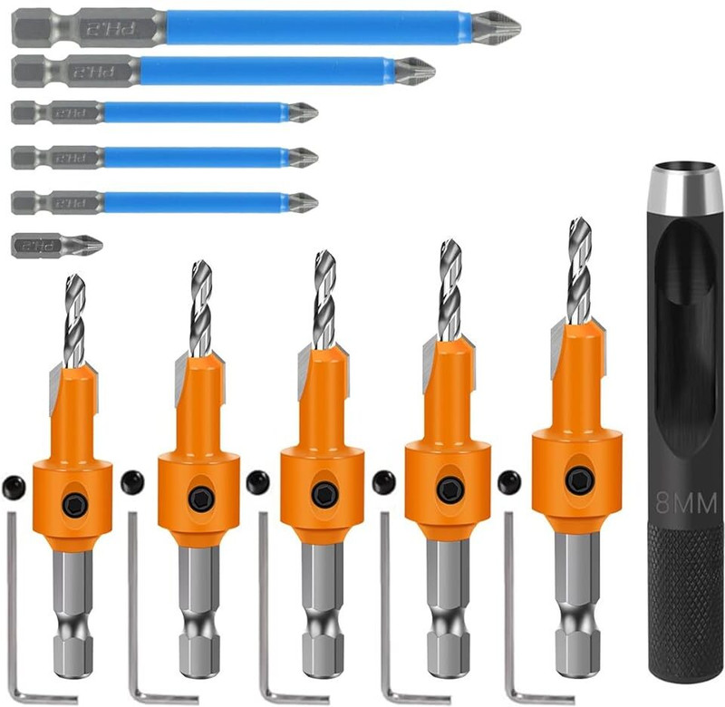 PROBEROS 11Pcs Woodworking Countersink Drill Bit Set 8mm Shank 11Pcs Woodworking Countersink Drill Bit Set with 5 Sizes and 8mm Shank for Wood Specialty Woodworking Bits(Pack of 1)