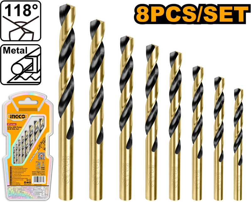 INGCO 8-Pcs HSS Twist Drill Bit Set (AKDB0801) | For Metal, Wood & Plastic Drilling | Long-Lasting Sharp Twist Bits, Clean Smooth Drilling & Strong Construction